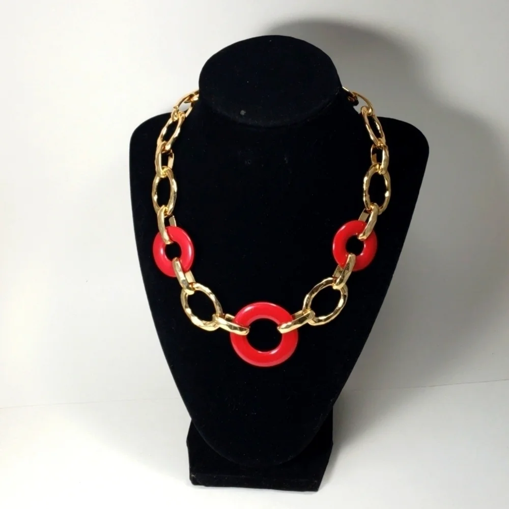 Gold Statement Necklace – Bold Red Burgundy Hoop Design - Women's Jewelry